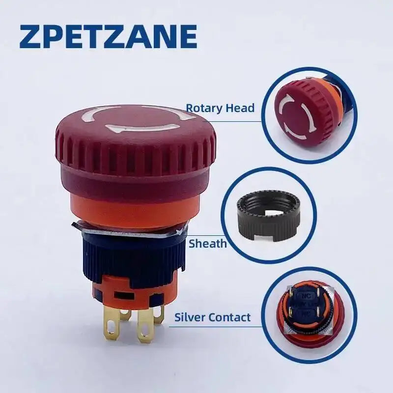 16mm Mounting Emergency Stop Rotary Button Switch 2NC Two Normally Closed Mini Four Foot Mushroom Stop