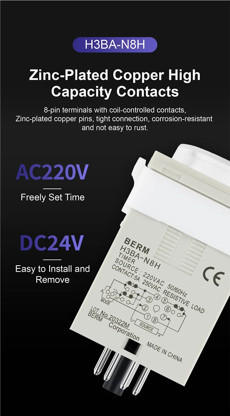 H3BA-N8H Industrial Timer Relay Solid State Time Delay Relay 1.2s‑300h AC 220V DC 24V Adjustable Analog Panel Mount Timer