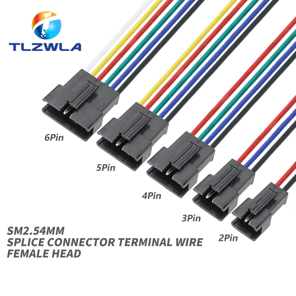 10PCS JST SM 2/3/4/5/6Pins 2.54MM Plug Male to Female Wire Connector cable pigtail Plug LED Connecting line 20cm Long