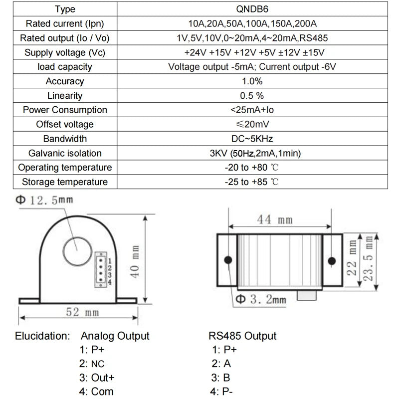 AC DC Hall Effect Current Sensor Output RS485 4~20mA QNDB6 Input 1A 5A 10A 20A 30A 50A 75A 100A Transducer Current Transmitter