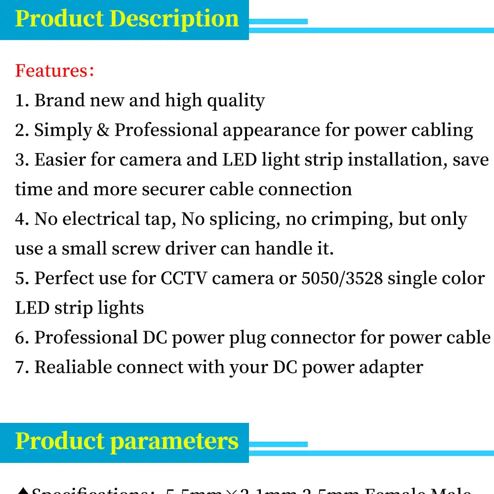 2PCS DC 12V Male Female BNC Connectors 5.5*2.1mm/2.5mm Welding-Free Power DC Plug Adapter Jack Sockets For LED Strip CCTV Camera