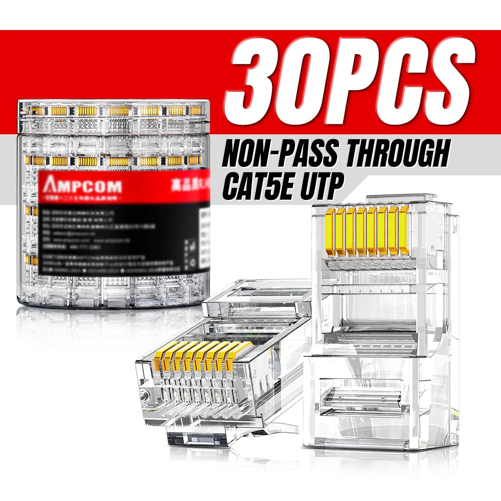 AMPCOM RJ45 Connector Pass Through CAT5E Modular Plug Network End UTP Fu Gold Plated 8P8C Crimp End For 24-28 AWG Ethernet Cable