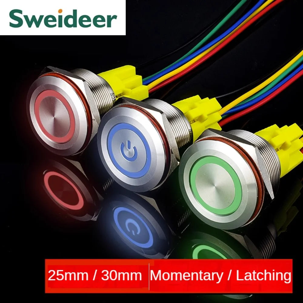25MM30MM Metal Push Button Switches Power Symbol Waterproof LED Indicator Momentary Latching Start Stop Power On Off Switch