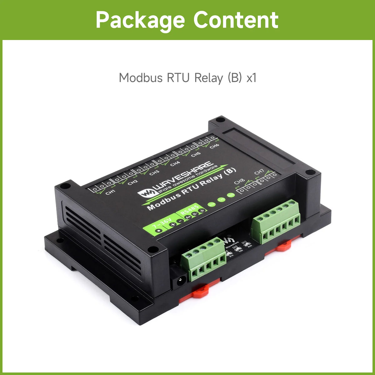 Waveshare Industrial Modbus RTU 8-ch Relay Module (B) with RS485 Interface, Multi Isolation Protection Circuits, 7~36V