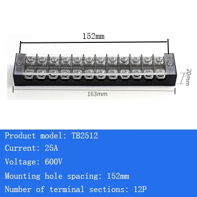 TB15A 25A 45A Copper Wiring Terminal Block 3/4/5/6/8/10/12 Position Electrical Connector Board Current Terminal Strip