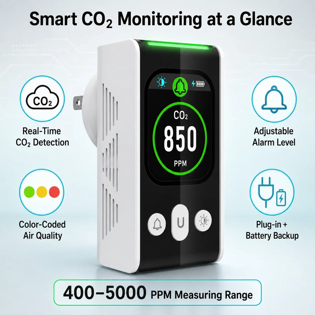 FABISENSE PTH-253N Plug-in CO2 Detector NDIR Air Quality Monitor 400-5000 PPM with Color Display and Adjustable Alarm