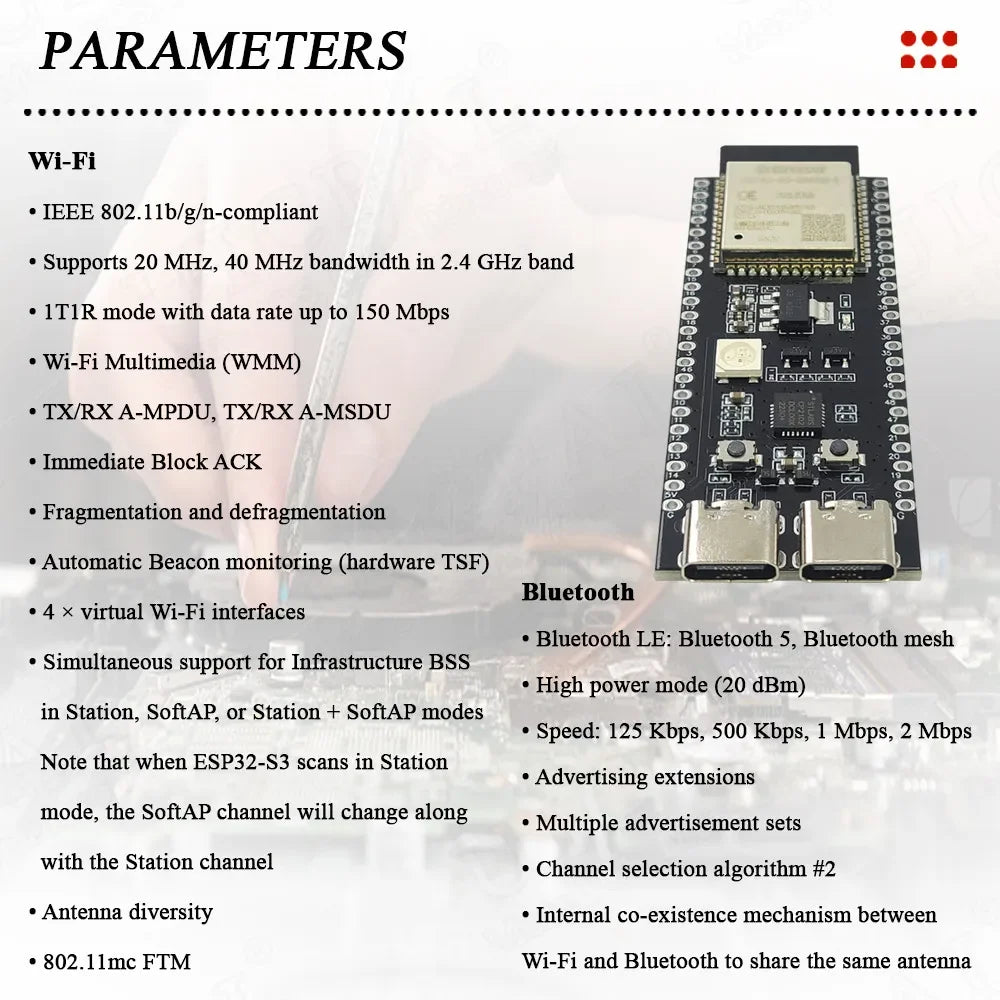 ESP32-S3-DevKitC-1 Development Board BT 2.4G Wifi Module for Arduino 8MB PSRAM 16MB FLASH N16R8 44Pin CP2102 Type-C ESP32S3