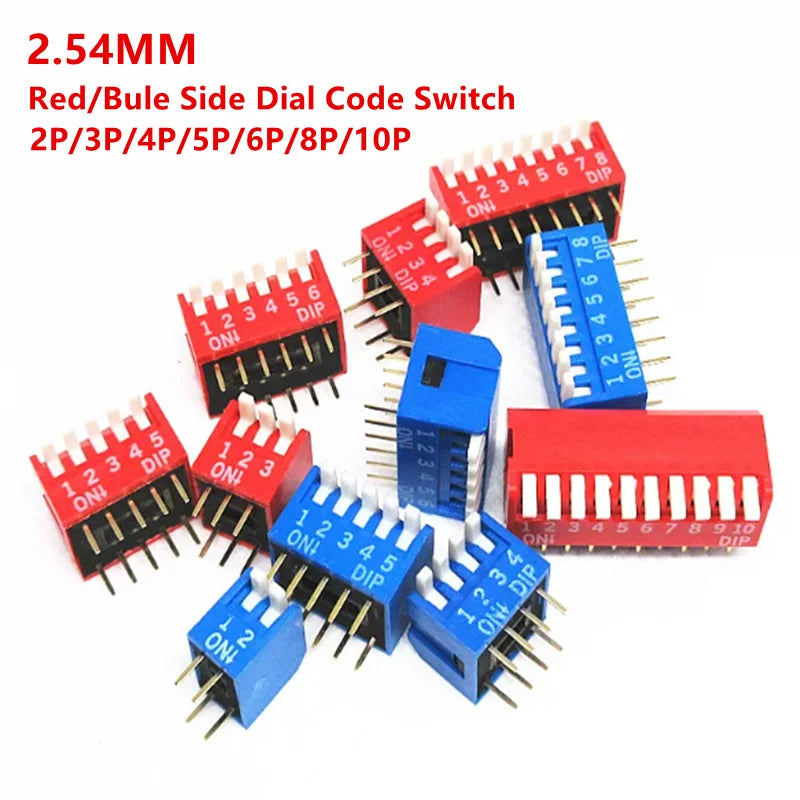 5PCS/lot Piano Style 2.54mm Foot Distance Side Dial Dip Switch 2P 1/2/3/4/5/6/8P Bit Direct Plug Switch Red/Blue