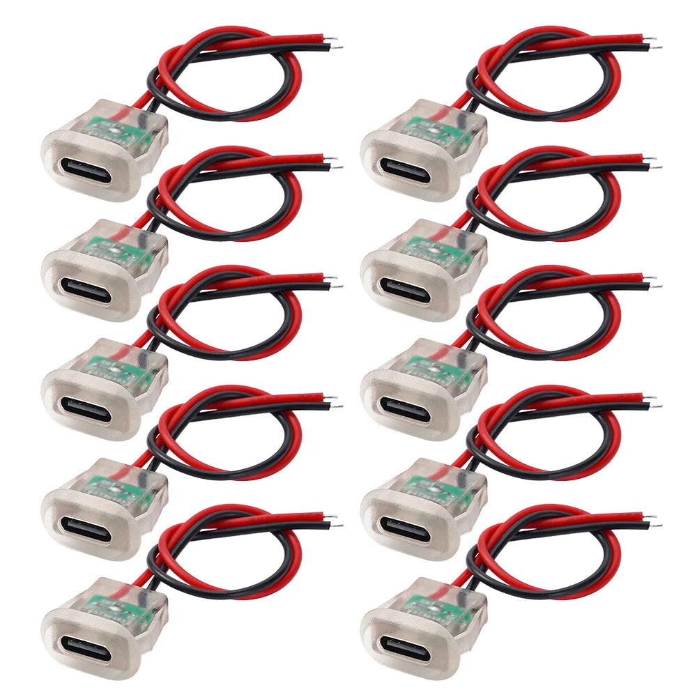 2pin USB Type C 5A Input Type Charging Socket With LED Lights Plate Waterproof USB-C Power Port TYPE-C Female Connector Jack