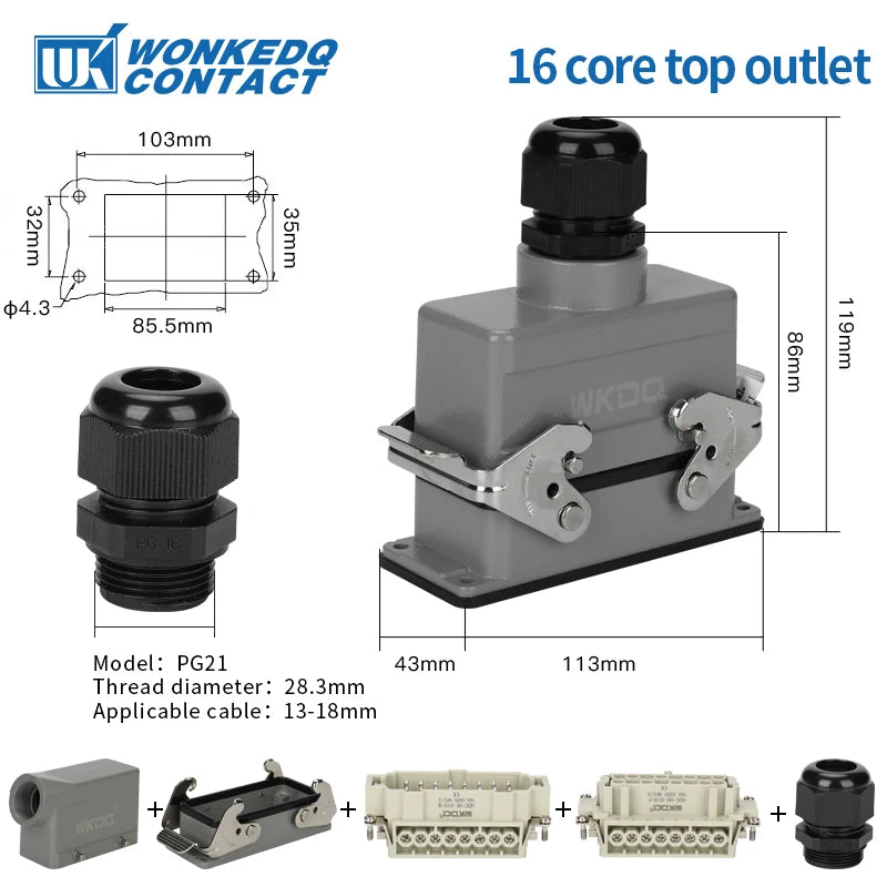HDC HE Heavy Duty Connector 6/10/16/24/32/48 Core Pin Top/Side Outlet Aviation Plug Rectangular Waterproof Electrical Wiring