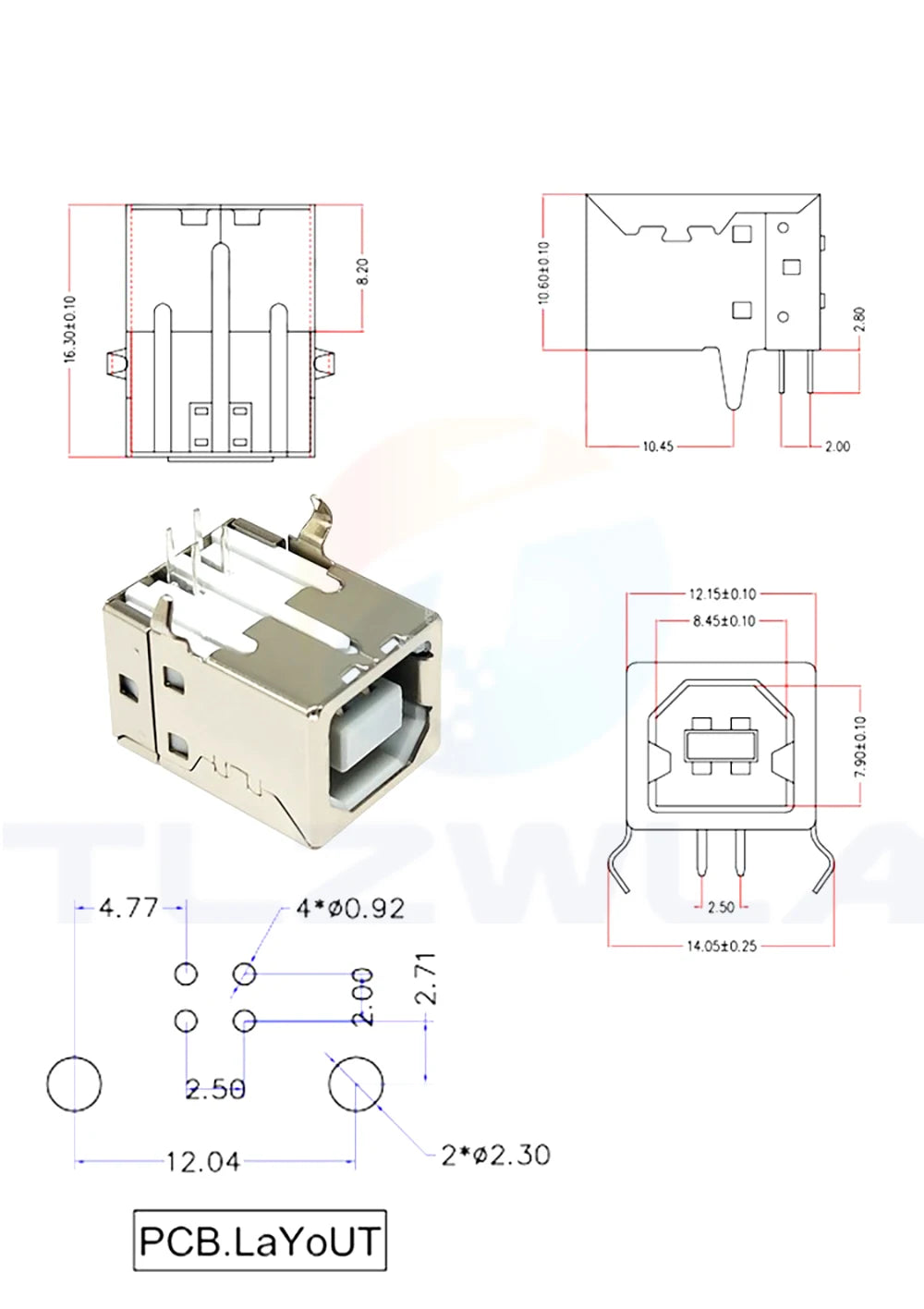 10Pcs Square USB Socket Usb B Type Female 90 Degree PCB Welding Parent Connector For Printer Data
