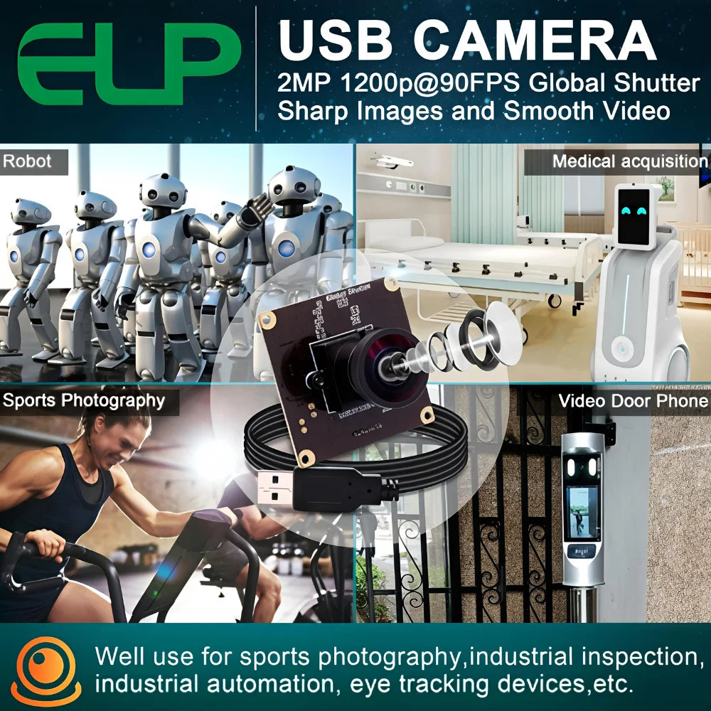 ELP AR0234 Global Shutter USB Camera 1080P 90fps Wide Angle No Distortion UVC Mini Webcam for Golf High Speed Sport PC