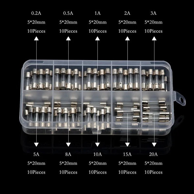 100pcs 5x20mm Fast Quick Blow Glass Tube Fuse Assortment Kit 0.25A 0.3A 0.5A 0.75A 1A 2A 3A 4A 5A 6A 8A 10 15 20A Glass Fuses