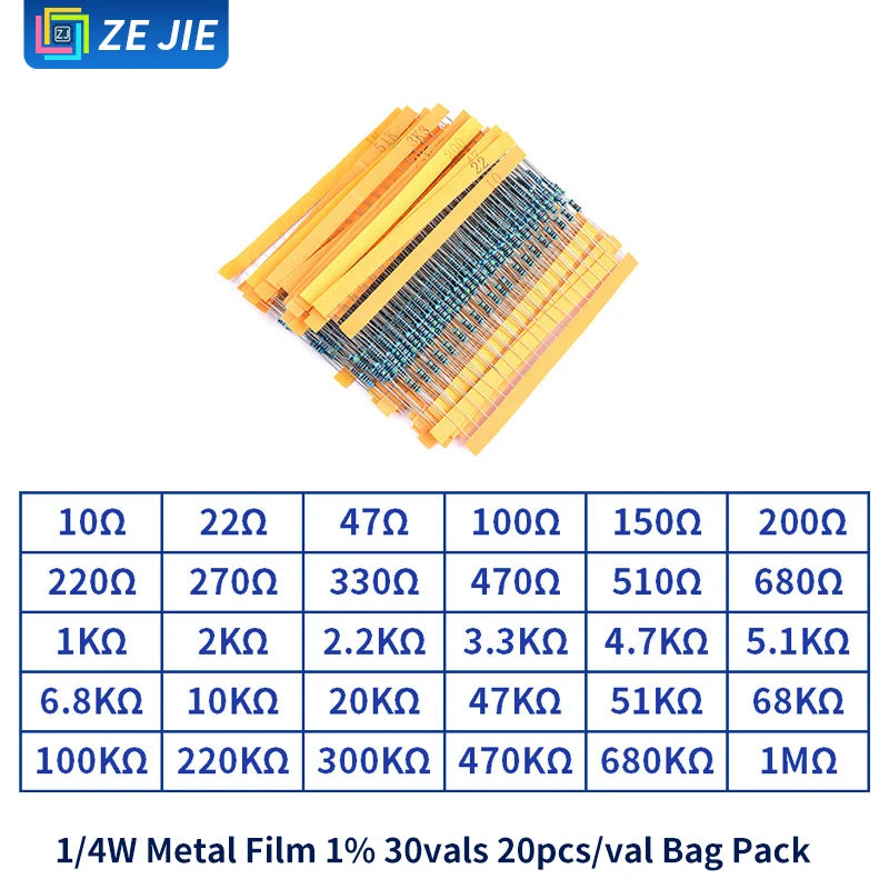 1/4W Metal Film Resistor Assortment Kit, 1/2W 1W 2W 3W 5W Through Hole Electronic Components Pack, 30/41/130 Kinds 1% Tolerance