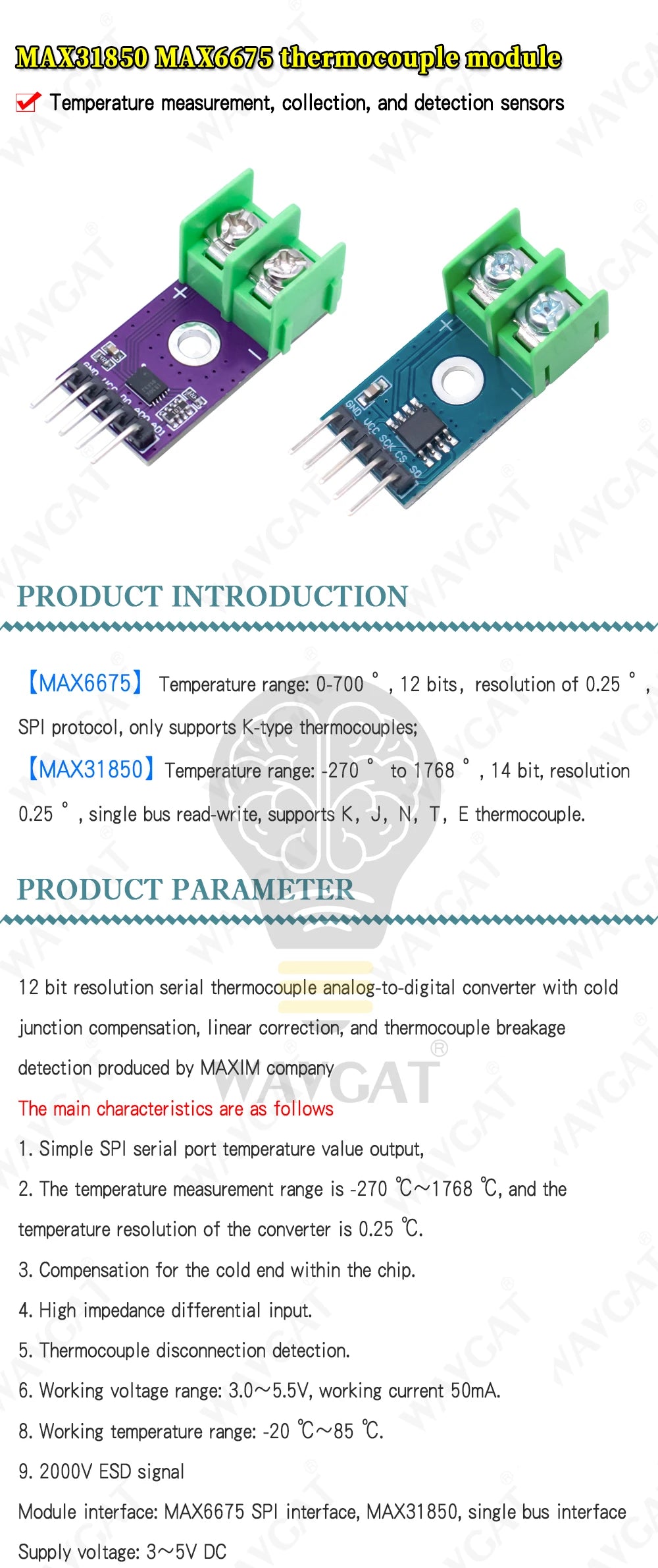 MAX31850 MAX6675 K,J,N,T,E thermocouple module temperature measurement acquisition and detection sensor