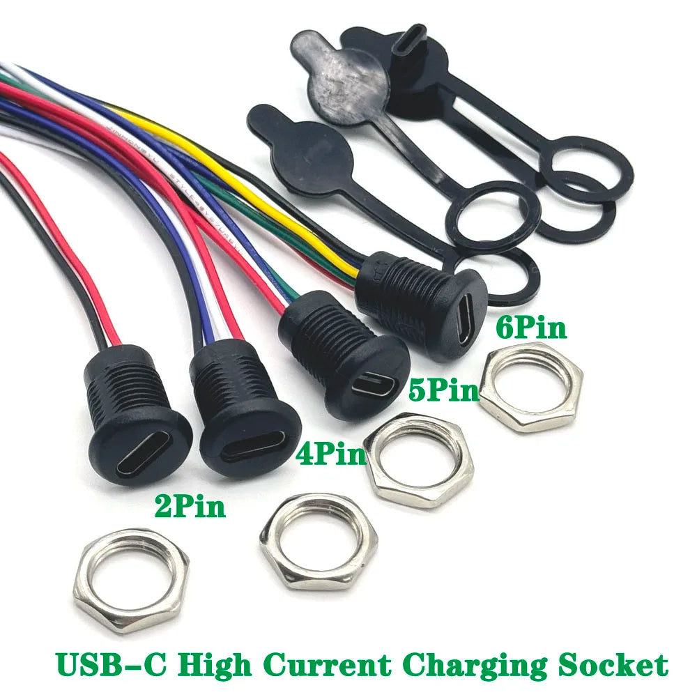 5A USB-C Connector Type-C Waterproof with PH 2.0 Nut Locking Panel Mounting 2/6P Waterproof Fast Charging Jack Por