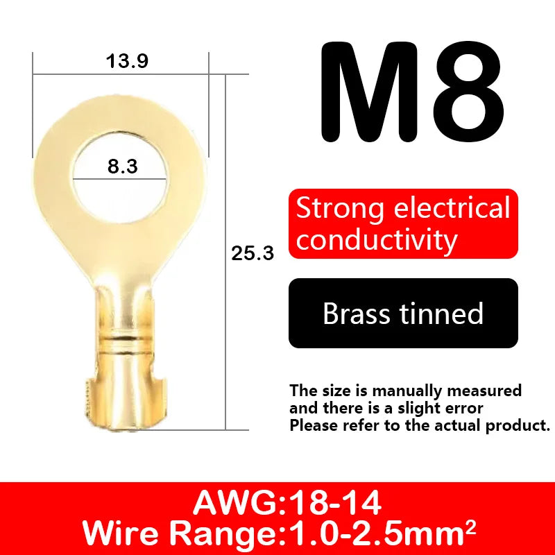 O-type Ground Lugs Terminal Cold-Pressed Copper Tab Wiring Nose Wire Lugs Crimp Wire Connector Eyelets Cable Connection Clamp