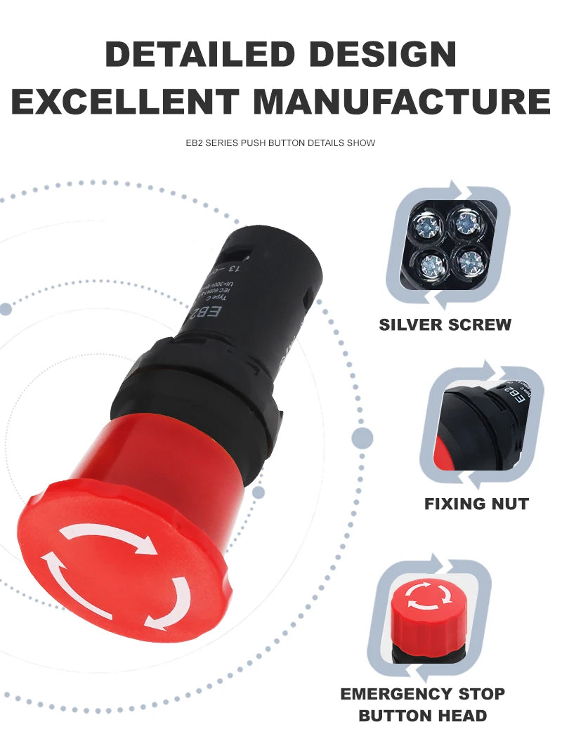 EB2 Emergency Stop Button Red Mushroom Head emergency off Switch Latching e-stop Push Buttons for Electronics Machine VaneAims