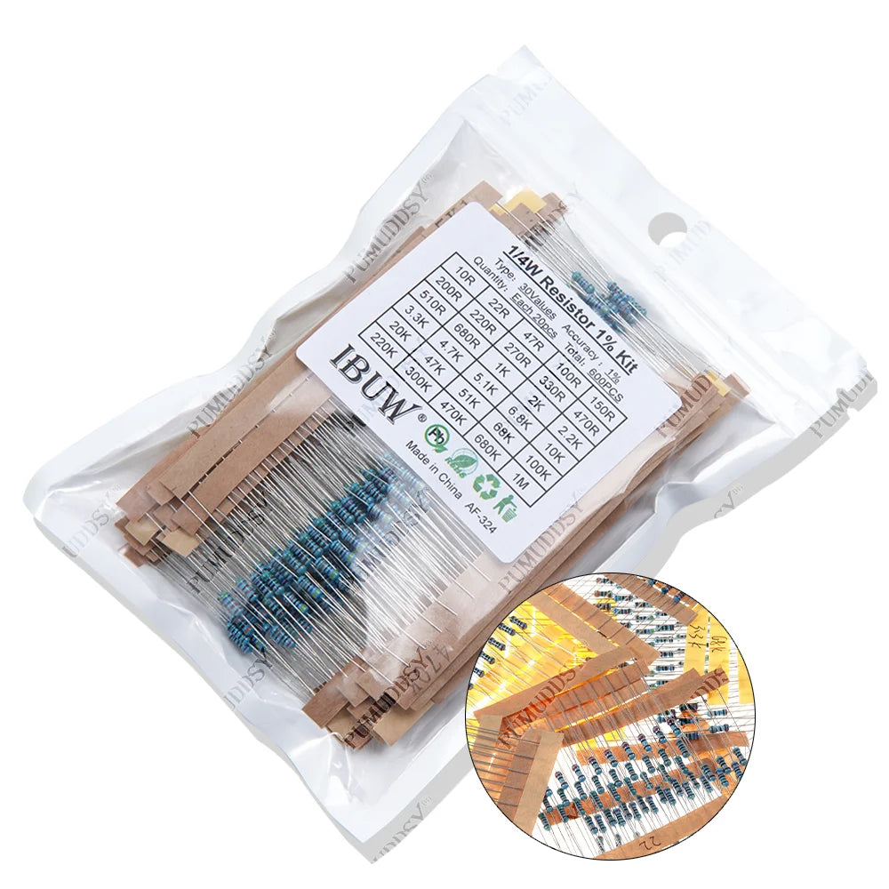 300PCS/Set 30 Kinds 1/4W 1/2W 1W 2W 3W Resistance 1% Metal Film Resistor Pack Assorted Kit 0.1R-750R 1K-820K Resistor 150PCS/Set
