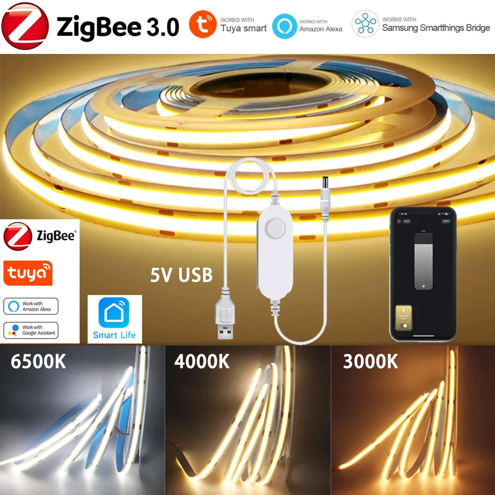 5V USB Tuya WiFi Tuya Zigbee 3.0 Warm White COB LED Strip Light Flexible Dimmable 8mm Width 320leds/m 4mm Width 480leds/m RA90