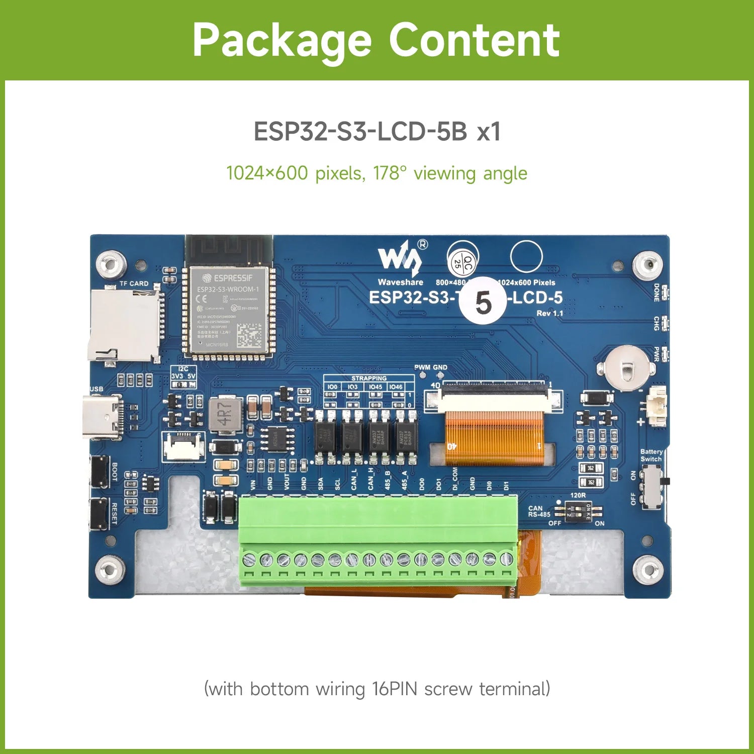 Waveshare ESP32-S3 5inch Capacitive Touch Display Development Board, 5-Point, 32-Bit LX7 Dual-Core Processor, ESP32 With Display