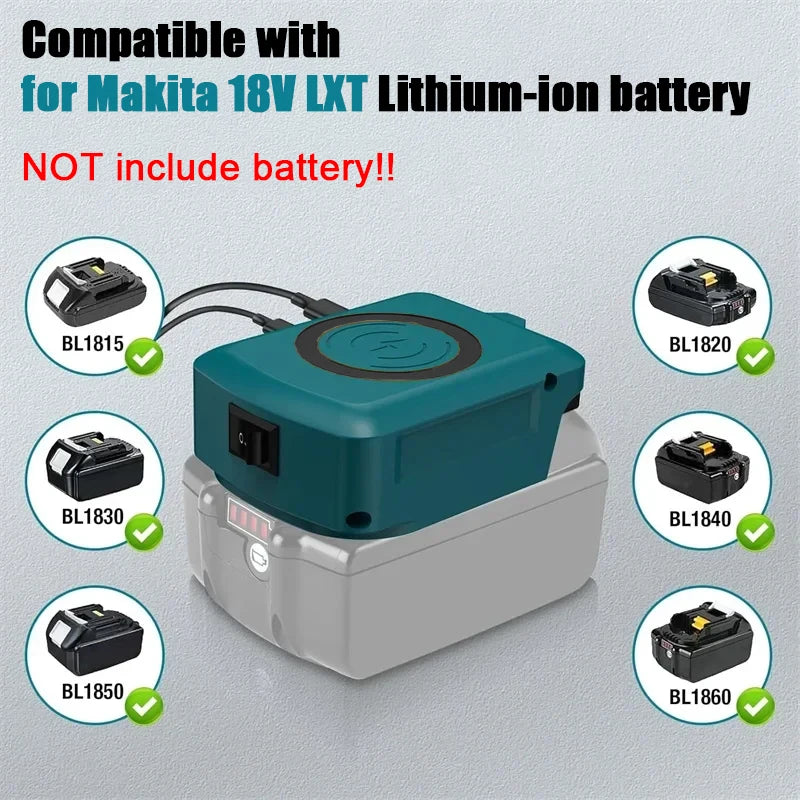 Fast Wireless Charger Adapter for Makita/Milwaukee/Dewalt 18V Battery - with Type C & USB Output, Wireless Phone Charger