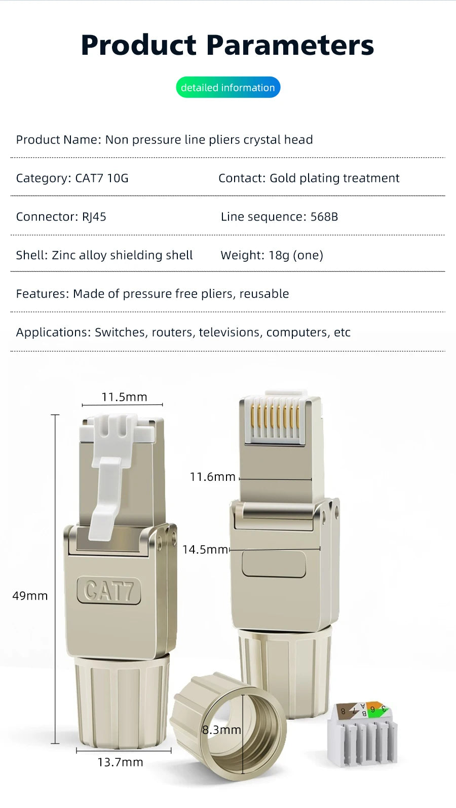 Tool Free Metal RJ45 Connector Toolless Reusable 23AWG to 26AWG Cable Internet Plug Easy Installation Tool-Free Termination Plug
