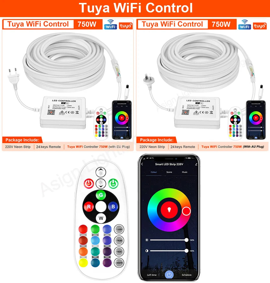 30M 20M 10M RGB LED Neon Strip Light 220V Decor Home Lighting Waterproof Flexible LED Ribbon Remote/Bluetooth/Tuya WiFi Control