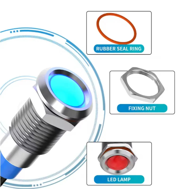 6mm LED waterproof metal indicator light signal light with wire 6V -12V -24V 24V 220V red/yellow/blue/green/white metal button