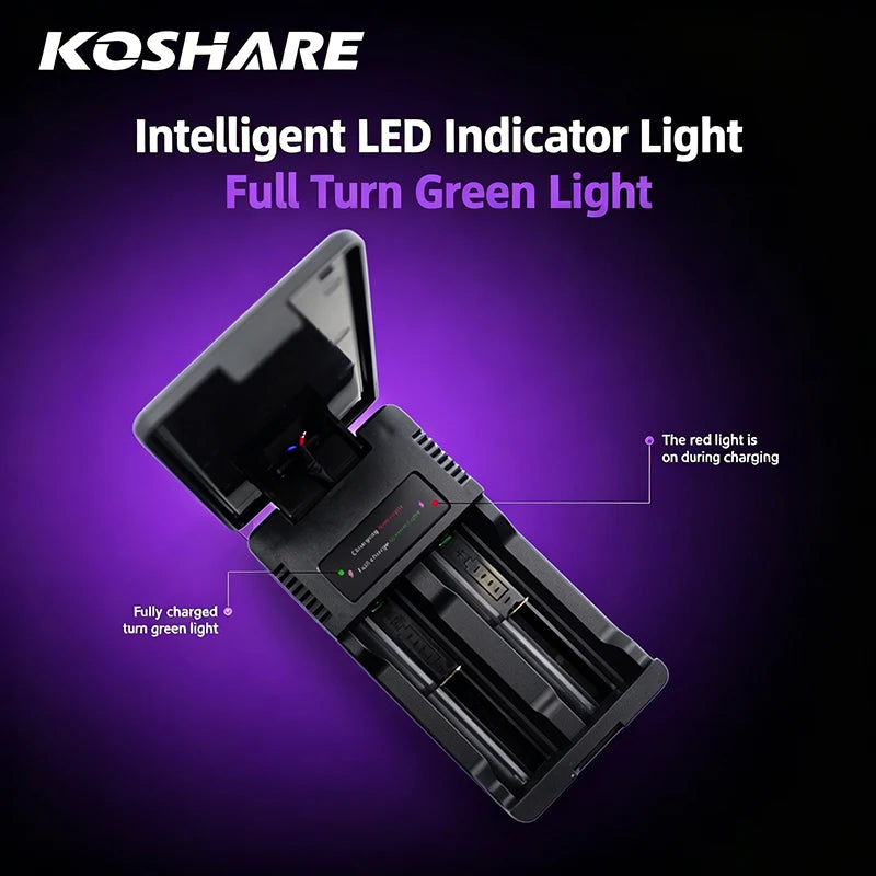 KOSHARE 2 Slot LED Display Battery Charger Type-C Input For 26650/21700/18650/18500/16340/14500 Lithium Rechargeable Batteries