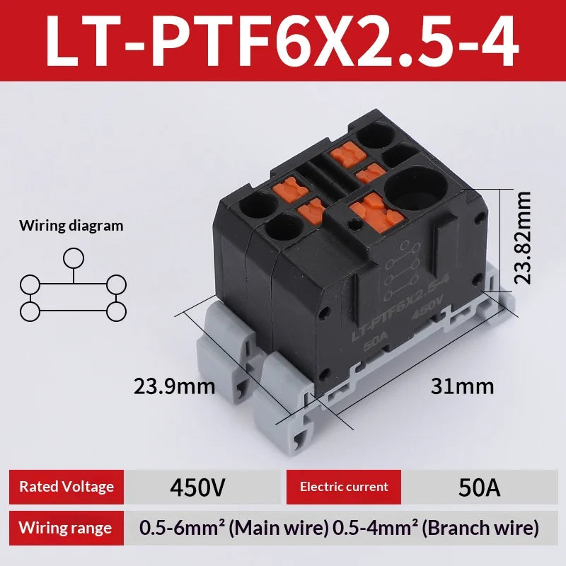 Push-in Terminal Block PTF6X2.5mm One in Multiple Out Splitter Spliceable Wire Connectors DIN Rail Junction Box Electrical Joint