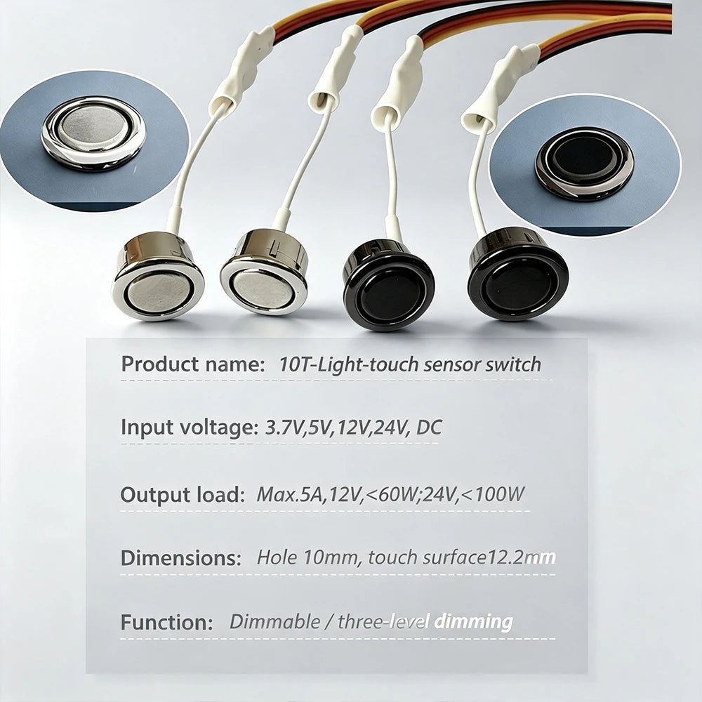 12V 24V Touch Switch,Stepless Dimmable/3‑Step Dimmable,10mm Hole,Capacitive Sensor Light Switch for LED Strip,Marine,silvery