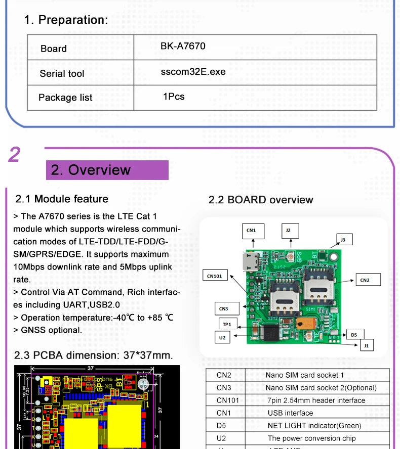 for Europe Africa Korea Southeast Asia A7670E 4G Cat 1 with GSM GPS Module Development Core Board