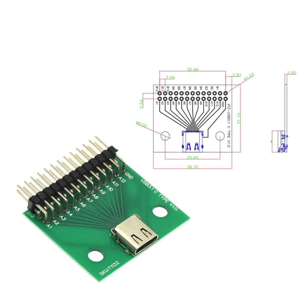 USB 3.1 Type-C Female Receptacle 24Pin PCB Mount SMT DIP Test Board with Header Pins for DIY Electronics Projects