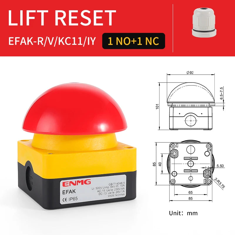 IP65 Waterproof ENMG Emergency Stop Button Switch Mushroom Head Self-Locking/Resetting 1NO Foot/Hand Control for Industrial Safe