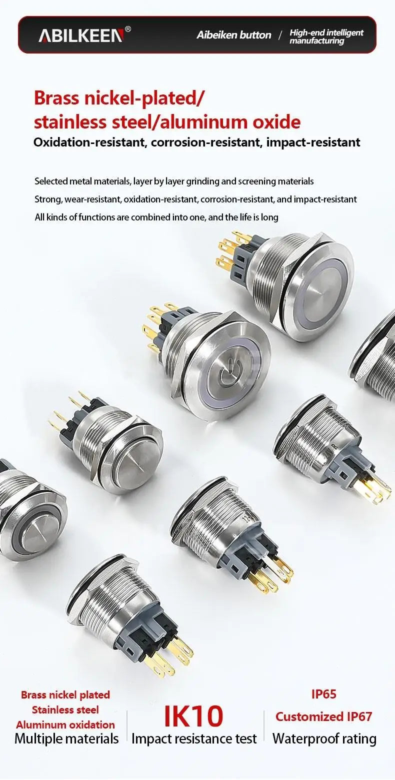 ABILKEEN 22/25MM 1NO1NC/2NO2NC Metal Push Button Switch IP65 Waterproof Momentary/Latching Push Button with LED Ring Light