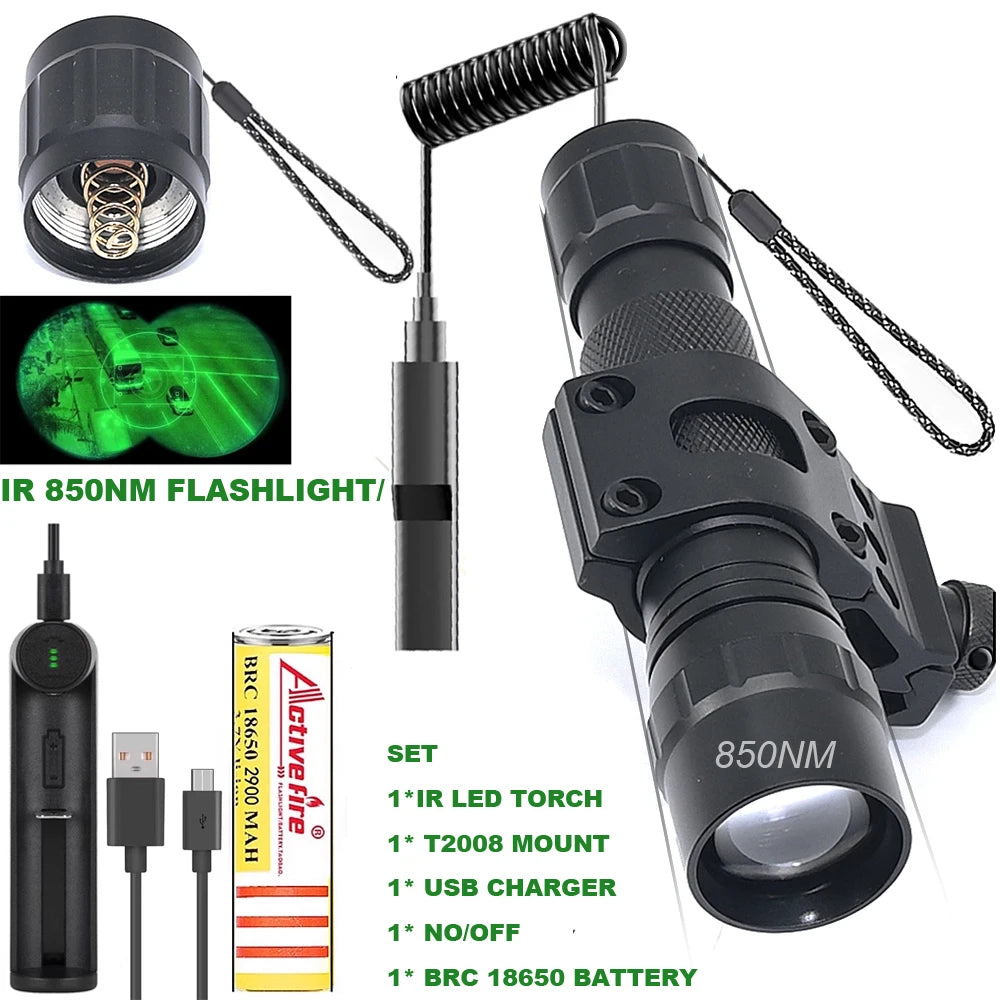 Zoomable LED Infrared Tactical Flashlight Night Vision Rechargeable Waterproof Hunting Torch 850nm/940nm IR Flashlight
