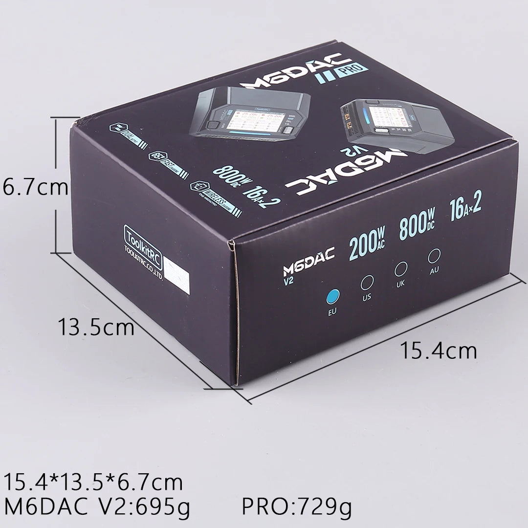 ToolkitRC M6DAC PRO V2 Dual Channel Smart Lipo Battery Charger Discharger AC 200W DC 800W 16A for 1-6S LiHV LiPo PD65W FPV Drone