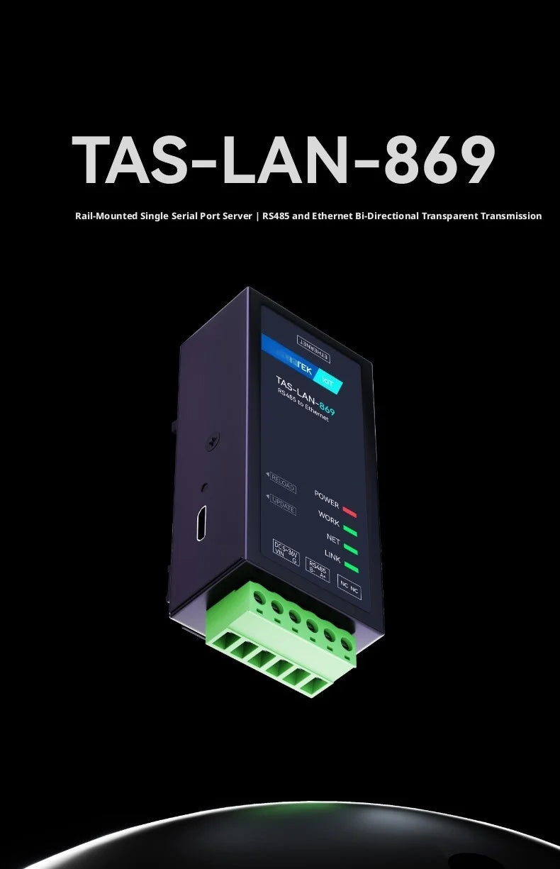 Serial to Ethernet Converter, RS485↔Ethernet, Modbus RTU/TCP Gateway, IP30, 5-36V DC, DIN Rail Mount