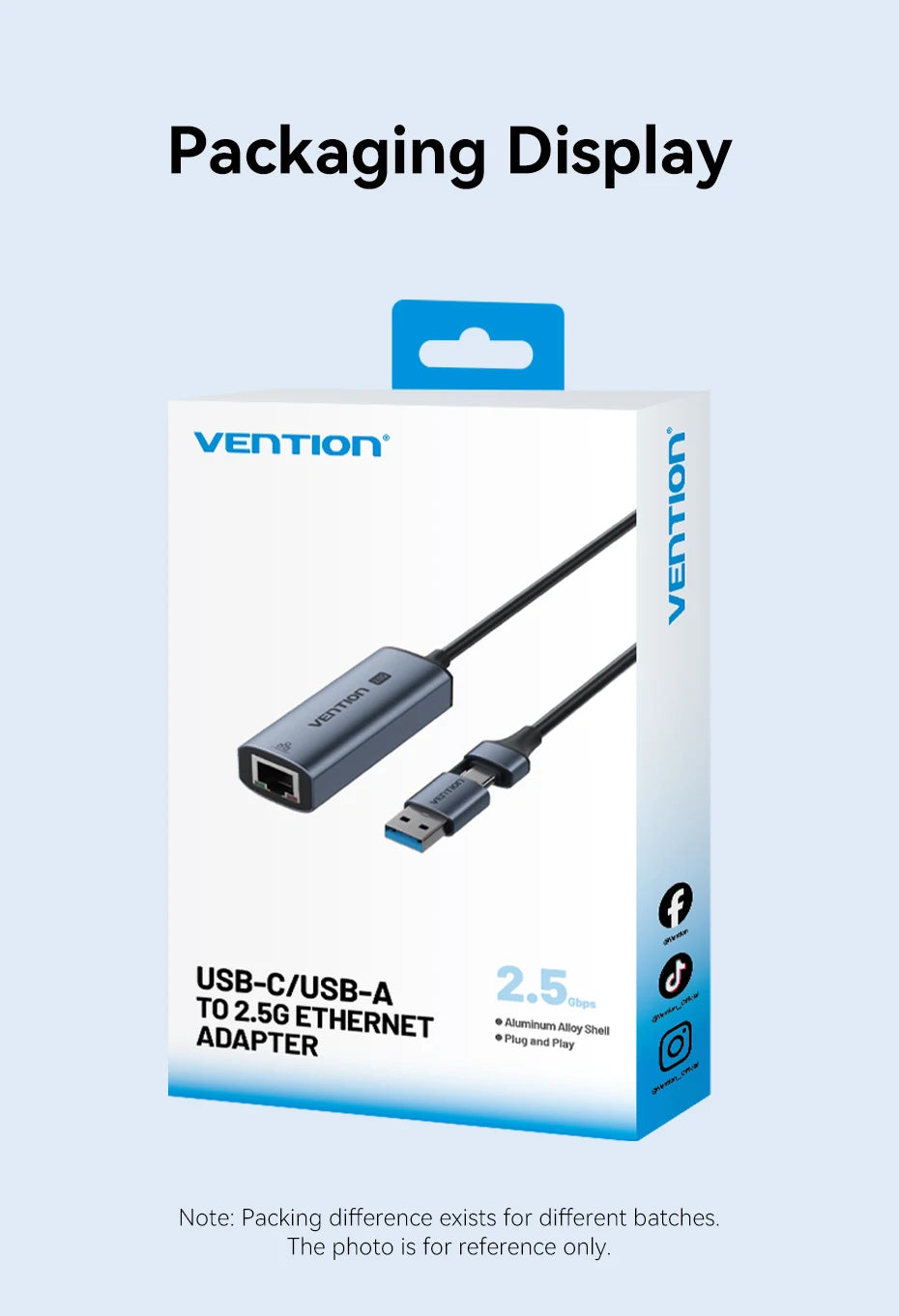 Vention USB A C 2.5G Ethernet Adapter USB 3.0 2500/1000 Mbps Network Card for MacBook iPad USB Lan RJ45 for PC Windows Laptop
