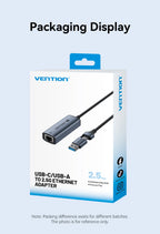 Vention USB A C 2.5G Ethernet Adapter USB 3.0 2500/1000 Mbps Network Card for MacBook iPad USB Lan RJ45 for PC Windows Laptop
