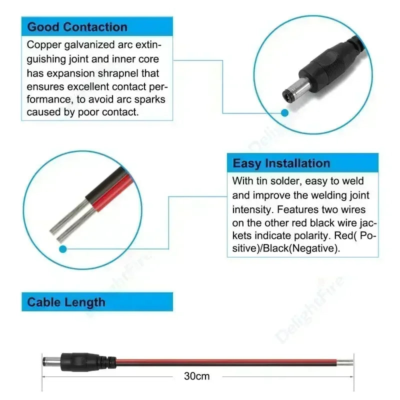 5.5 2.1mm Male Female DC Power Pigtail Connector Cable 12V 5A DC Barrel Plug Terminals for LED Strips CCTV Camera Power Adapter