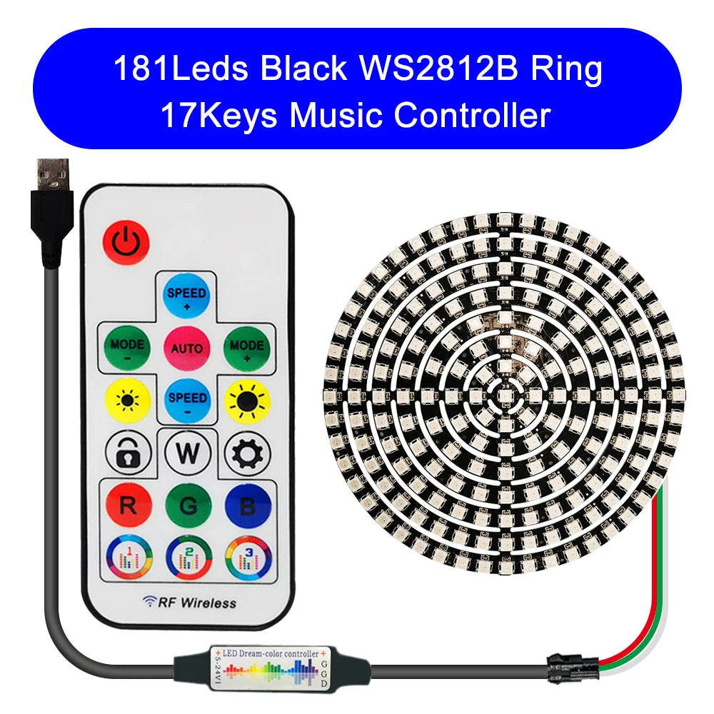 DC5V WS2812B DIY LED Ring 8 to 241 Pixels 5050 RGB Individually Addressable WS2812 Round Modules With 17Keys Music RF Controller