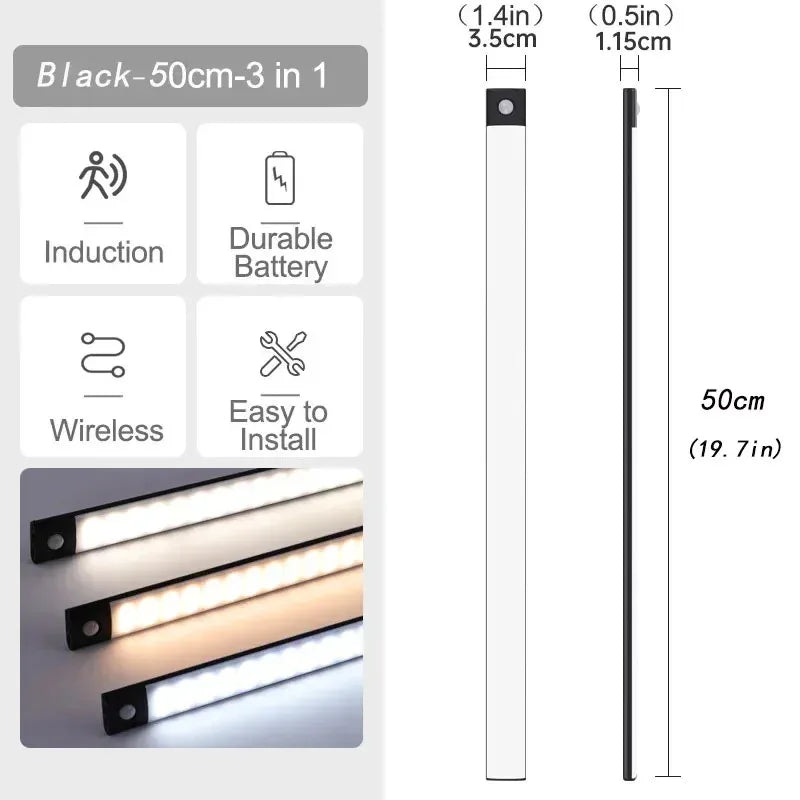 10-60cm USB Rechargeable Ultra-Thin Motion Sensor Light Magnetic Mount  3-Color Adjustment Under Cabinet Light for Home Office
