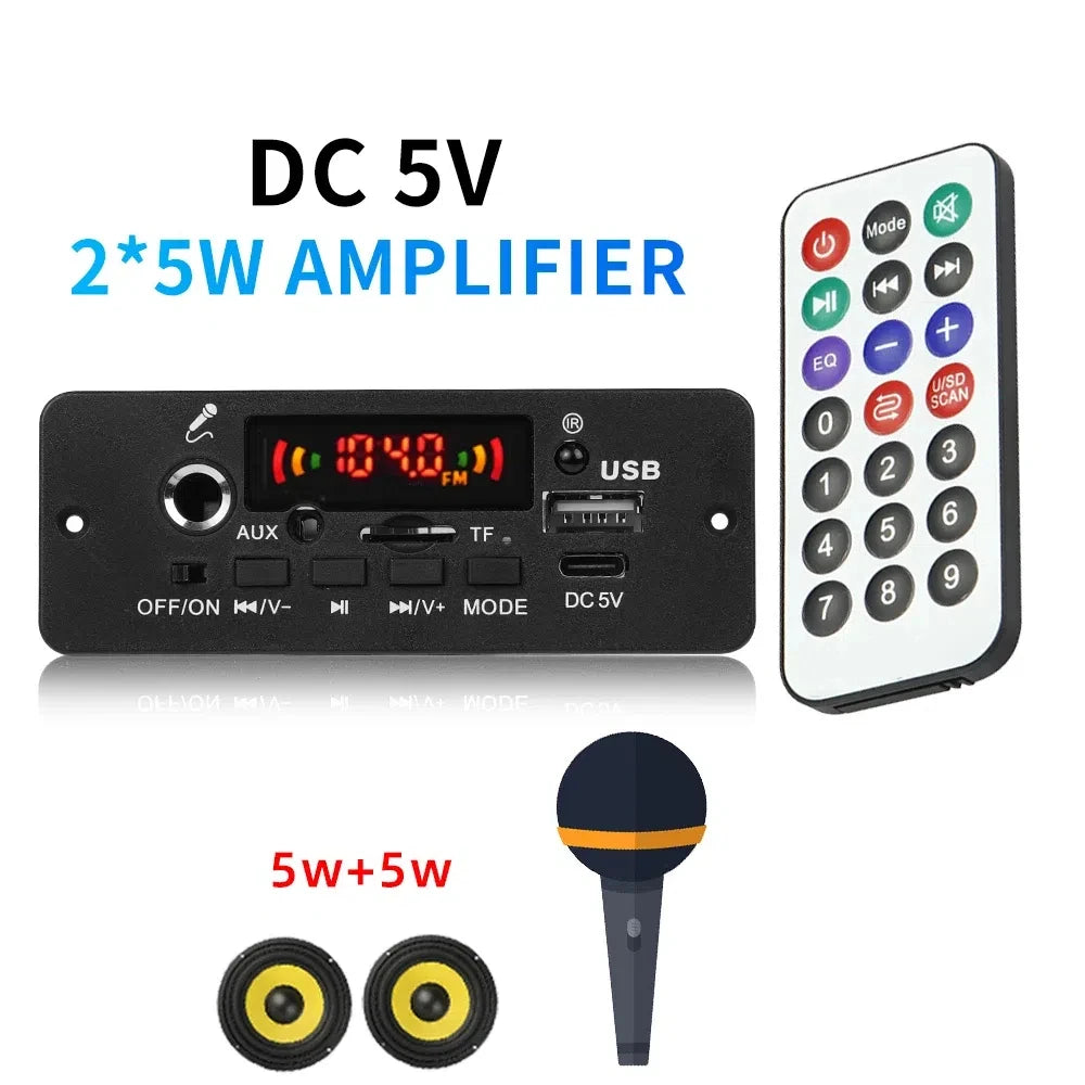 10W Digital Amplifier MP3 Decoder Board DC 5V Bluetooth 5.0 FM Support Microphone Car MP3 Player with Remote Controller