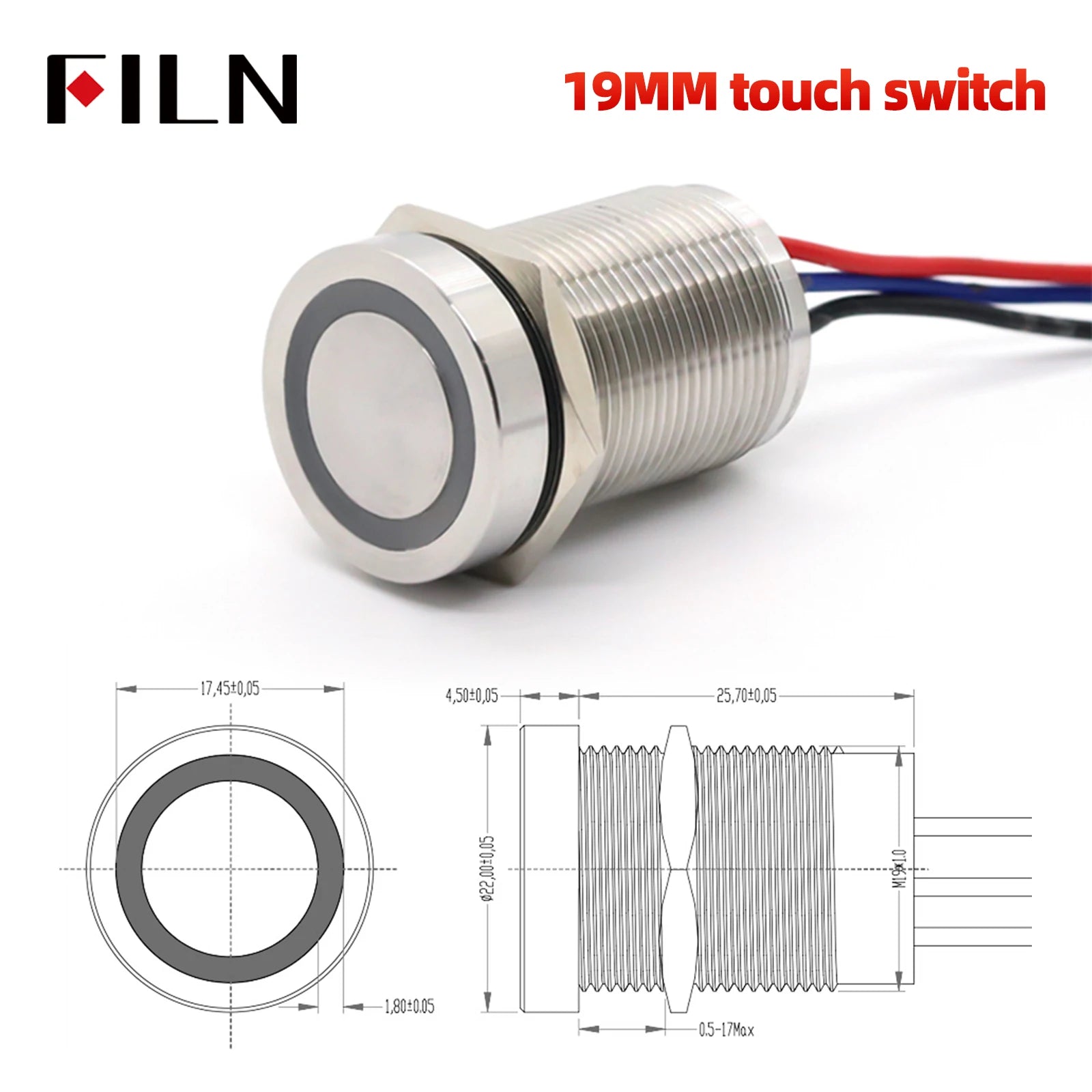 FILN 16/19/22mm Stainless Steel Touch Push Button Switch Dual Color LED Red Green Waterproof IP68/IP69K DC 12V/24V Momentary
