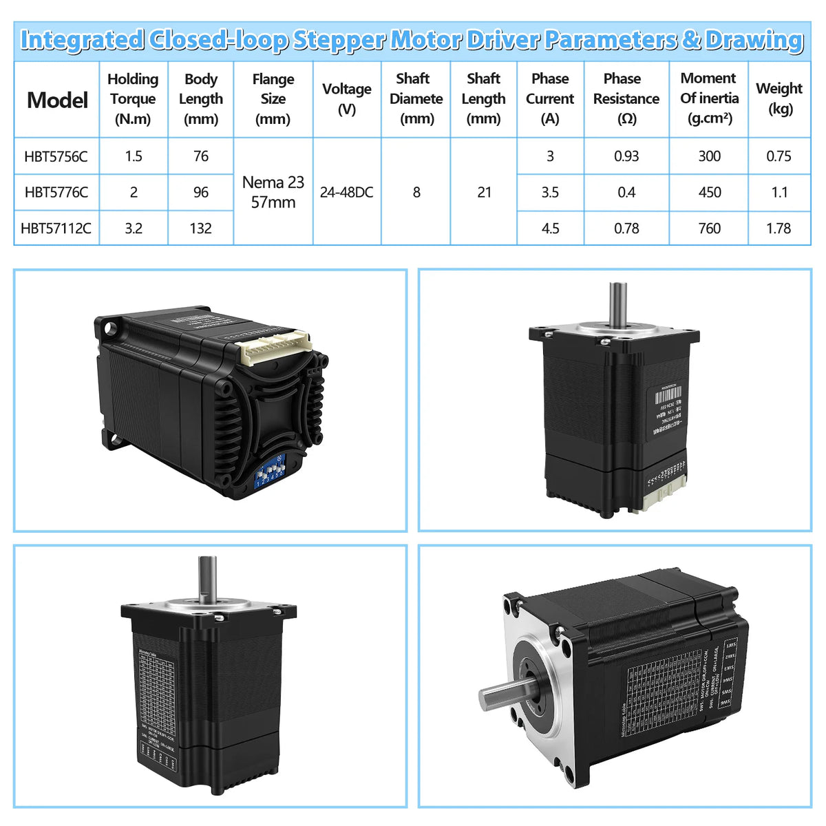 Nema23 57mm Closed Loop Integrated Motor Driver Kit All-in-one 1.5Nm/2Nm/3.2Nm 8mm Hybrid Servo Motor Drive With Encoder For CNC