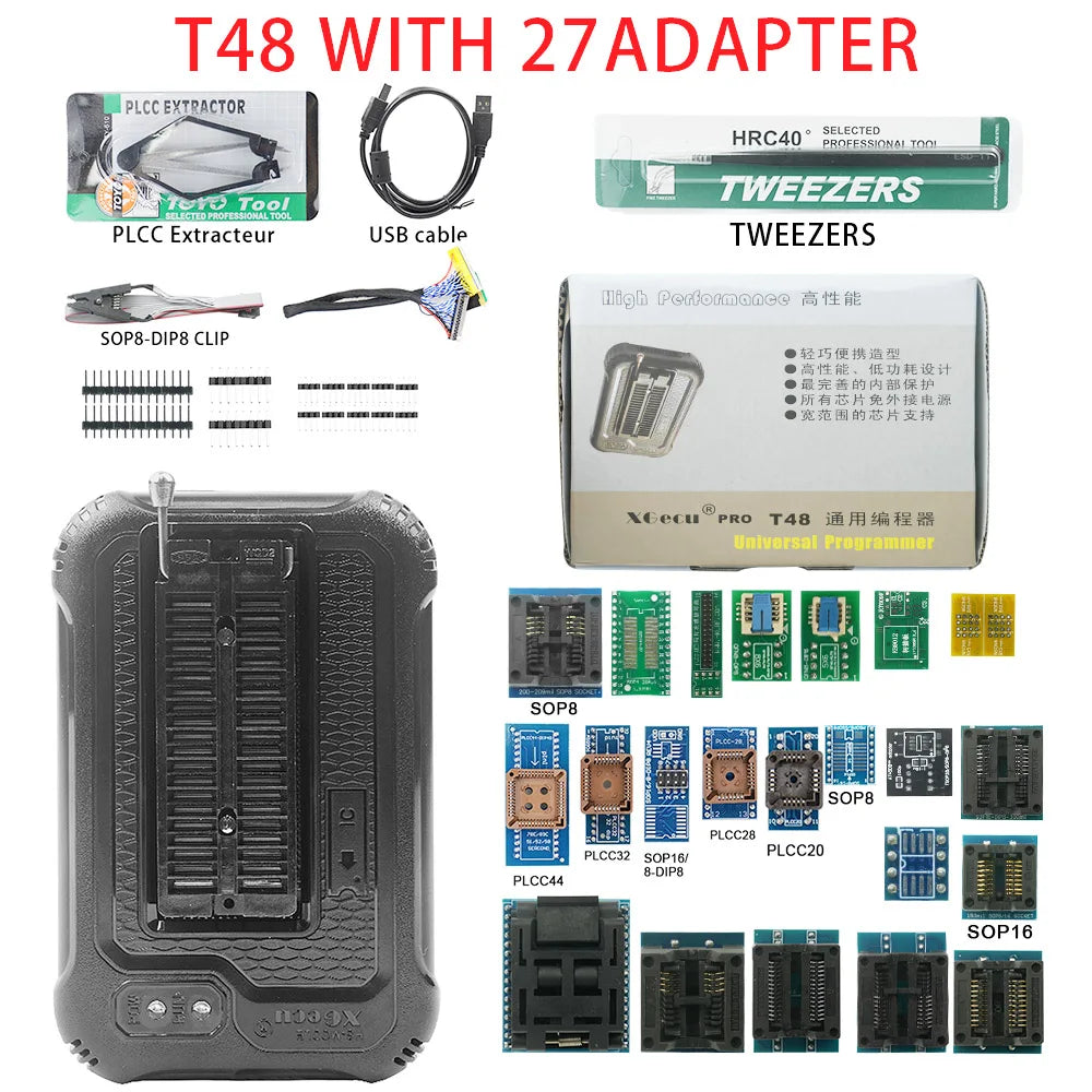XGecu T48 (TL866-3G) Programmer + 27 Adapters + ISP Cable Support 34000+ ICs for SPI/Nor/NAND Flash/EMMC BGA/TSOP/SOP/PLCC