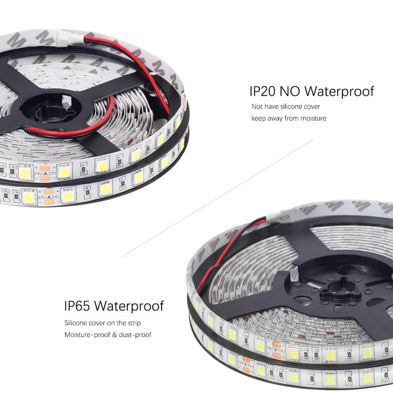5V 12V 24V LED Light Strip Waterproof SMD 5050 5M Ledstrip 5 12 24 V Volt RGB Tape LED Strip Light For Room Bedroom TV Backlight