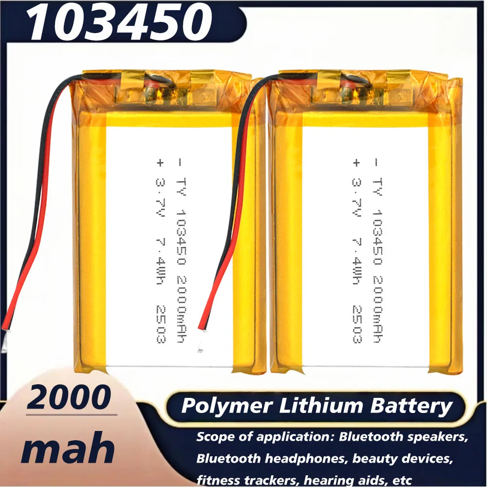 103450 3.7V 2000mAh Polymer Lithium Rechargeable Battery JST PH 2.0mm 2Pin Plug for Camera GPS Navigator MP5 Bluetooth Headset